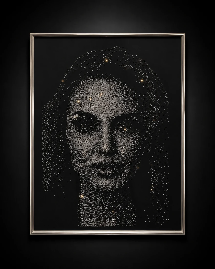 Kristallportrait einer Frau auf schwarzem Grund