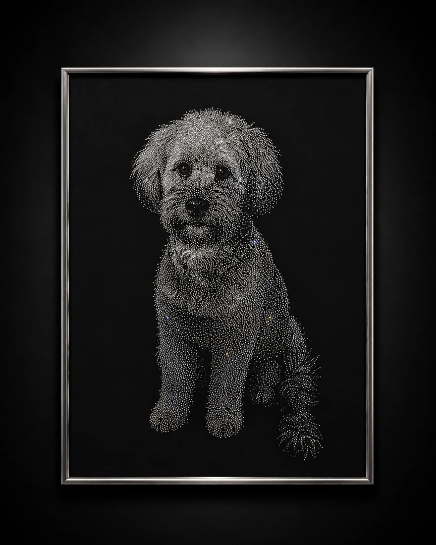 Kristallportrait eines Hundes auf schwarzem Grund