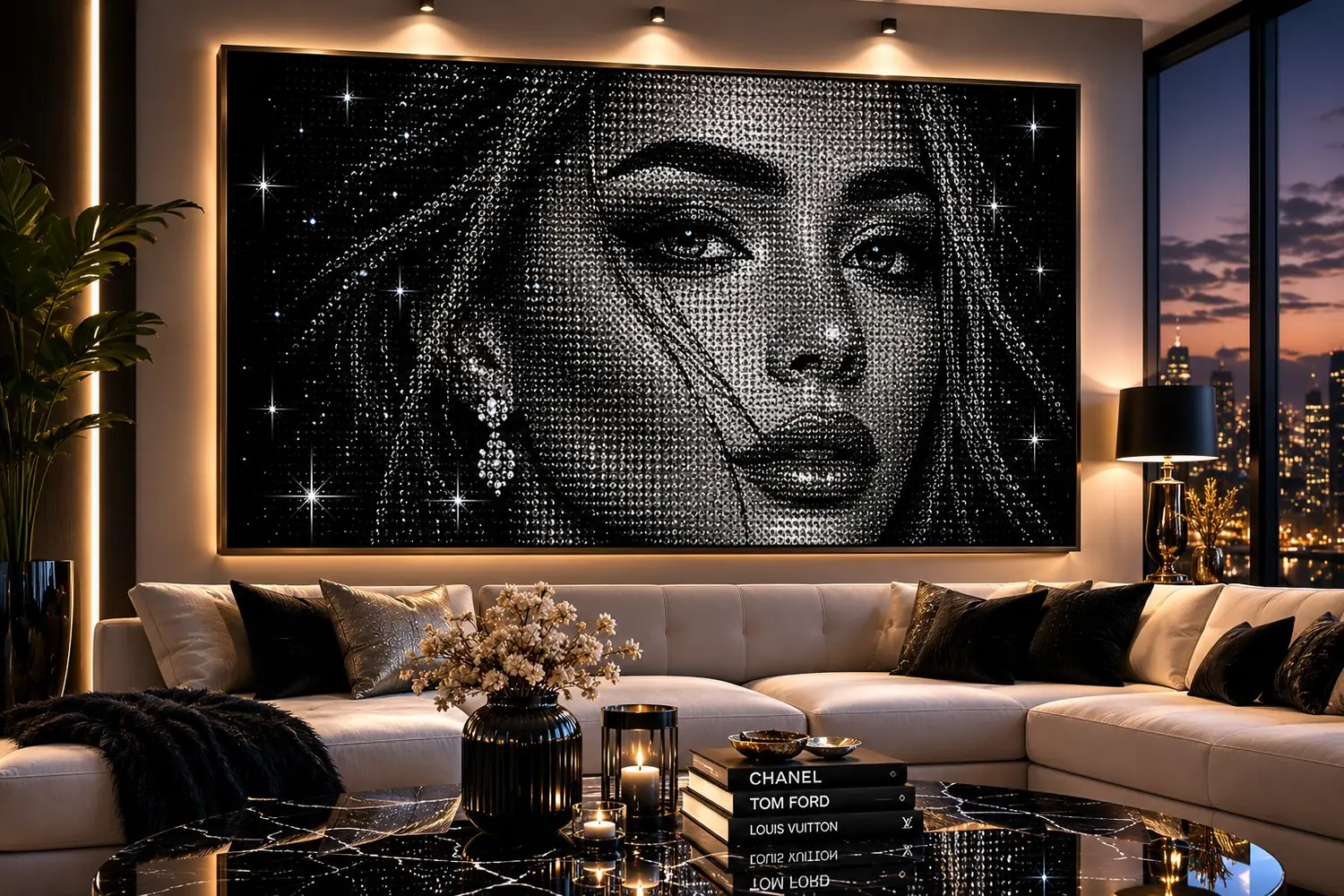 Großformatiges Kristallportrait einer Frau über einem Sofa, Penthouse mit Skyline