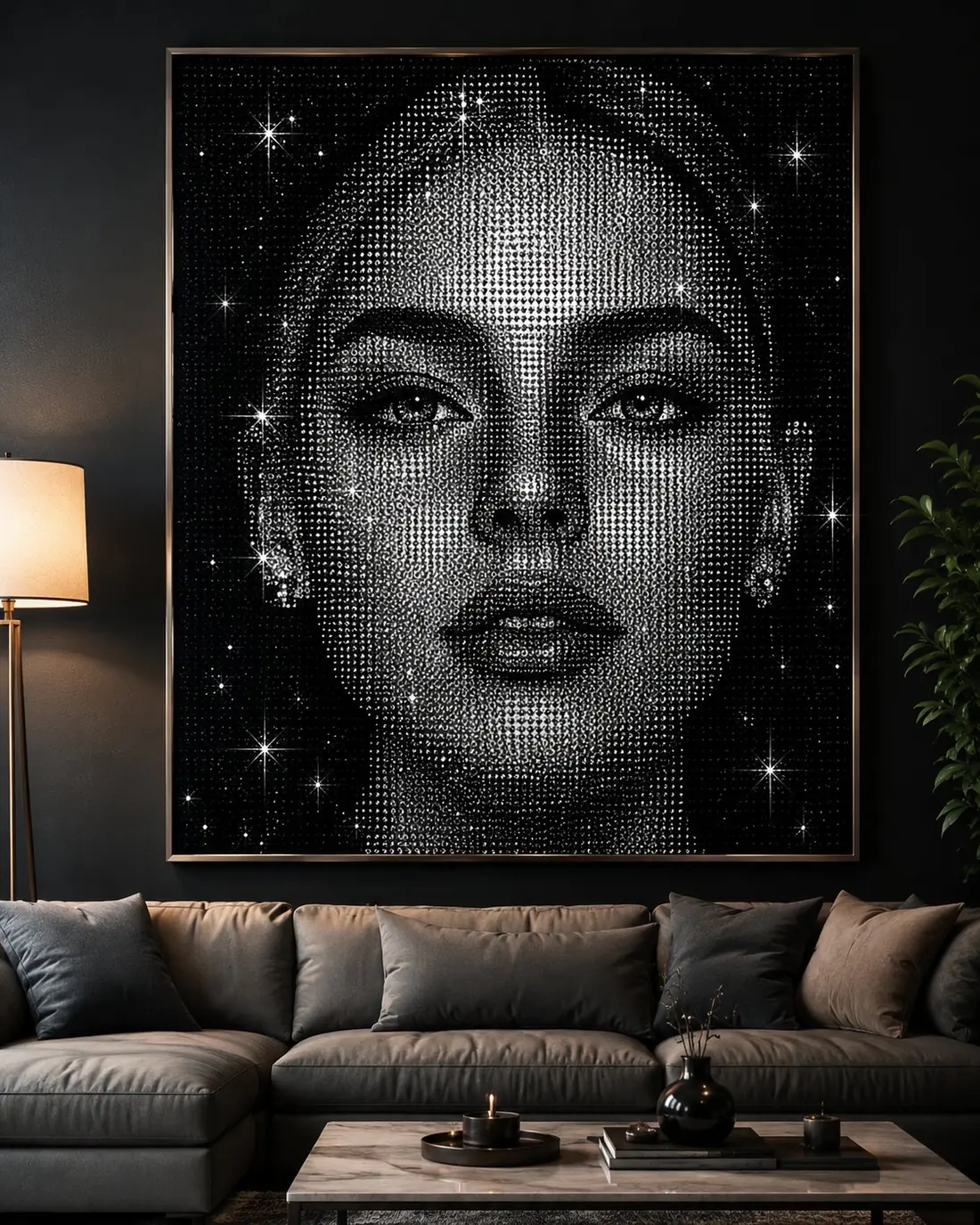 Kristallportrait einer Frau, gerahmt an der Wand eines Wohnzimmers
