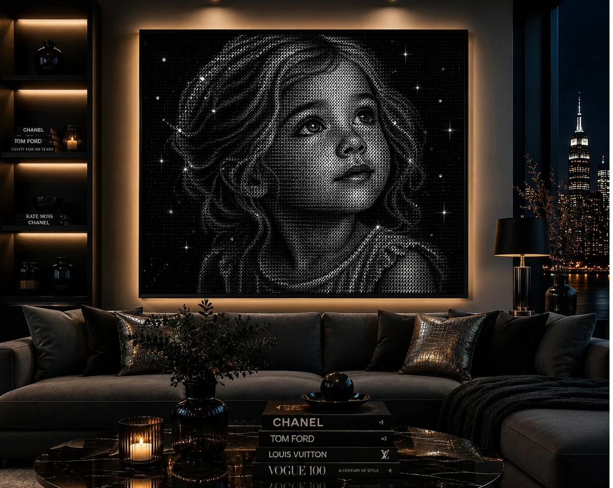 Kristallportrait eines Mädchens, gerahmt an der Wand eines Wohnzimmers