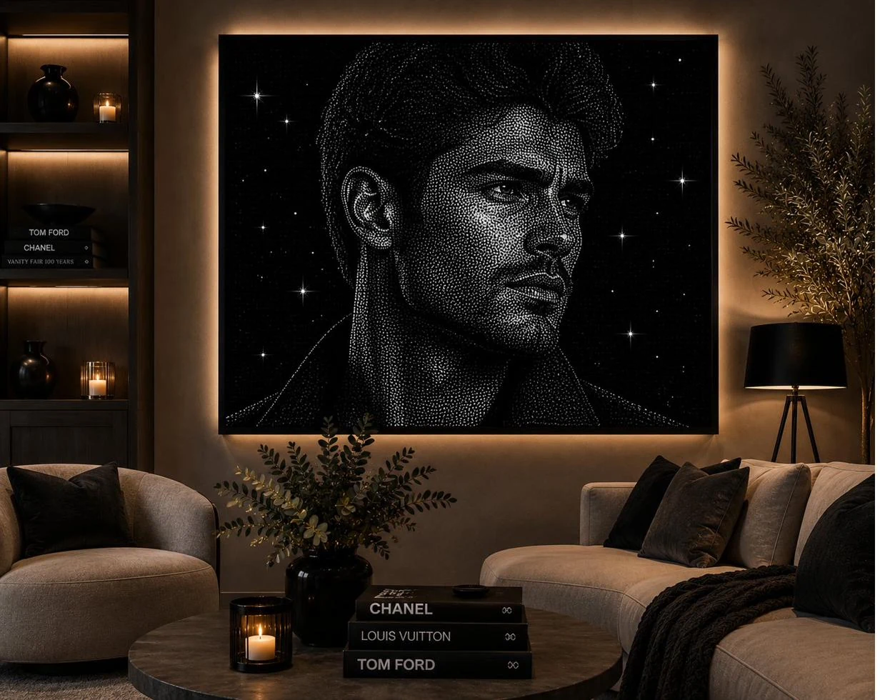 Kristallportrait eines Mannes, gerahmt an der Wand eines Wohnzimmers
